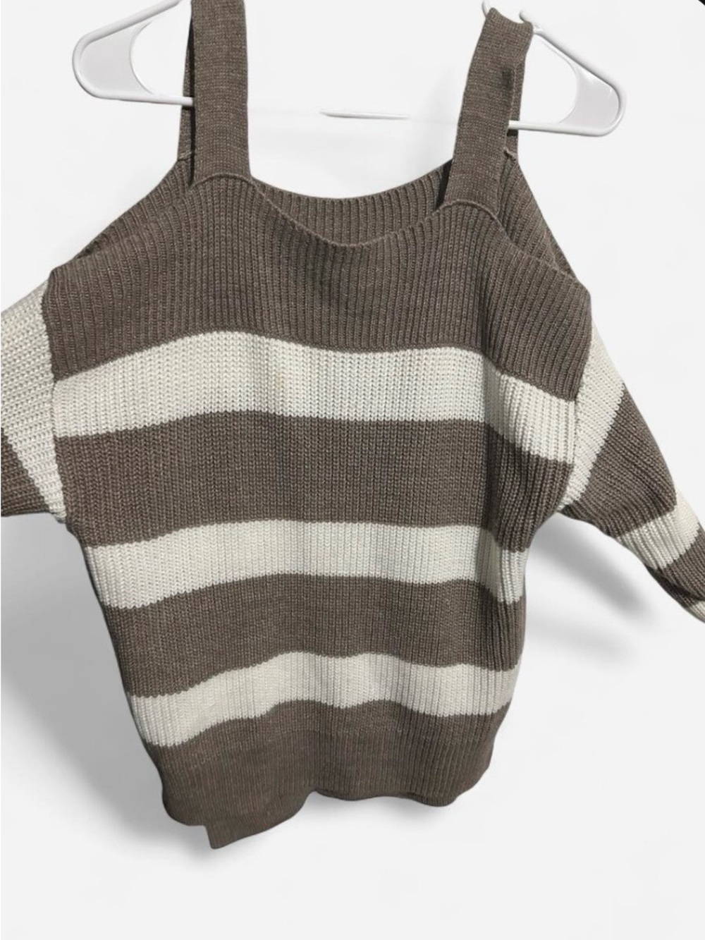 Soho Taupe and Cream Striped Off-Shoulder Sweater Tank